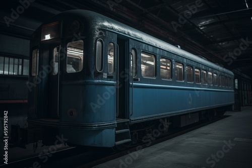 Single blue railcar, separate from others. Generative AI