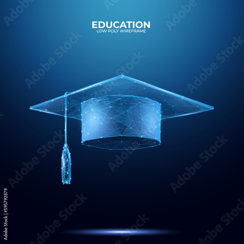 Abstract graduate college, high school or university cap. Low poly wireframe vector illustration on technology blue background. Education concept. 