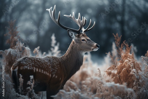 Illustration of a deer in snowy Christmas scenery. Generative AI