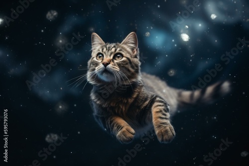An image of a space cat floating in outer space with stars in the background. Generative AI
