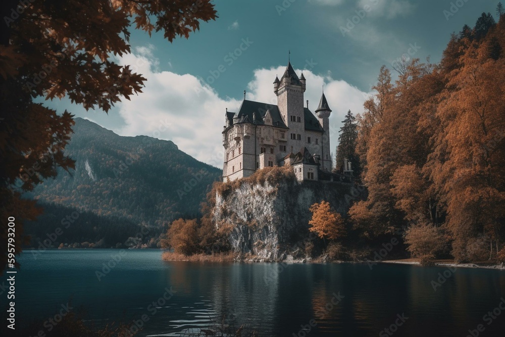 Enchanted castle by the lake. Generative AI