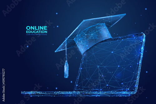 Abstract graduation cap on a laptop. Education online concepts. Low poly wireframe vector illustration on technology blue background.
