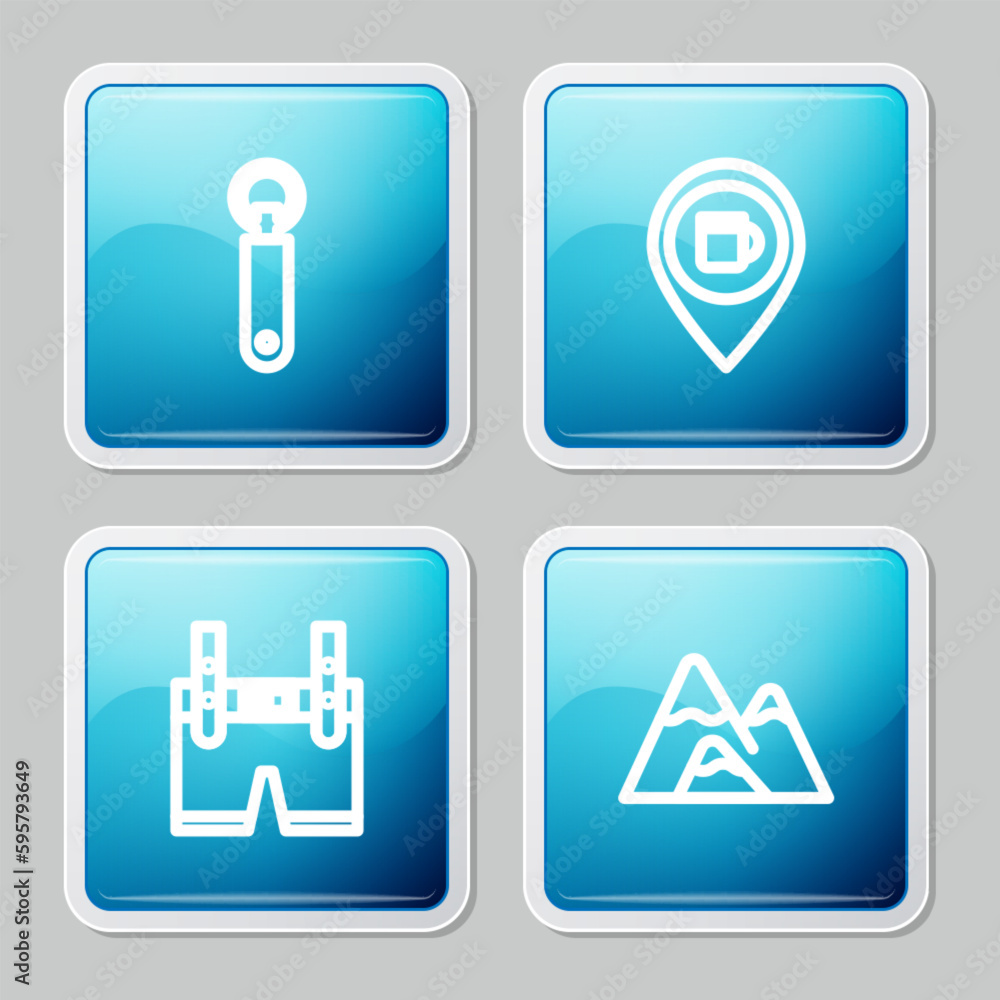 Set line Bottle opener, Alcohol or beer bar location, Lederhosen and Mountains icon. Vector Set line Bottle opener, Alcohol or beer bar location, Lederhosen and Mountains icon. Vector