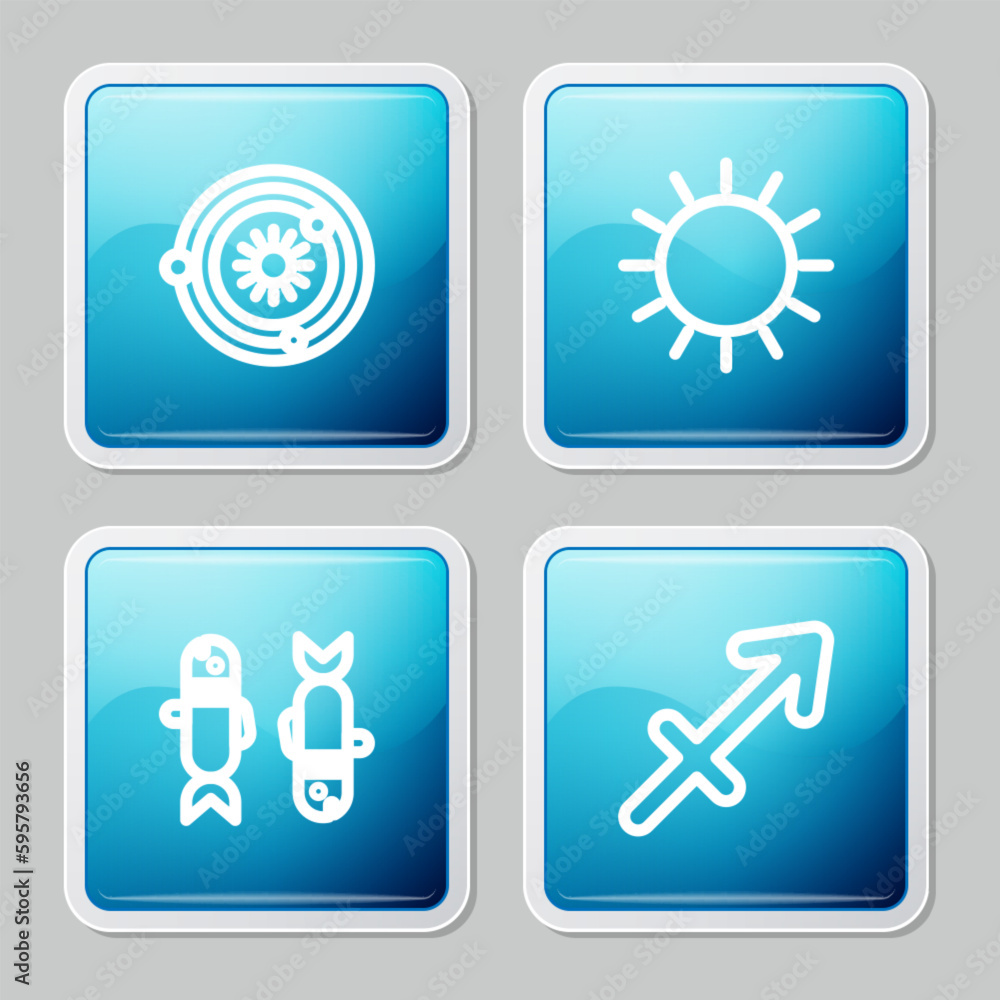 Set line Solar system, Sun, Pisces zodiac and Sagittarius icon. Vector Set line Solar system, Sun, Pisces zodiac and Sagittarius icon. Vector