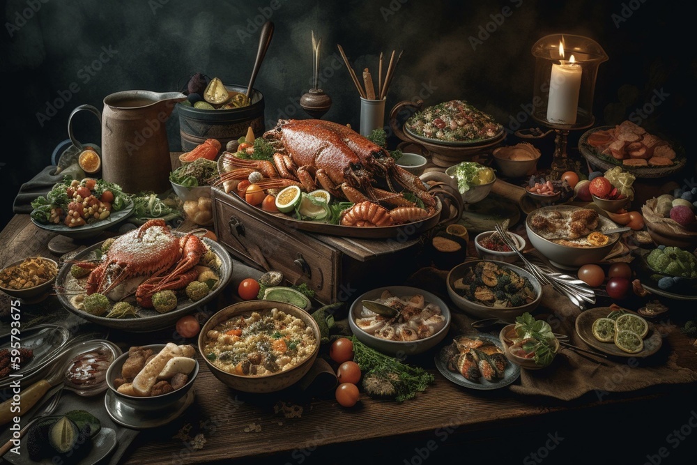 A feast of delectable cuisine artwork. Generative AI