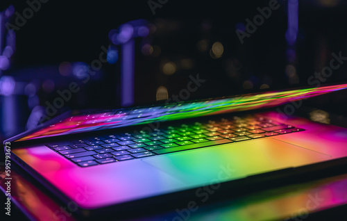 Close up of laptop keyboard colorful neon illumination, backlit keyboard.