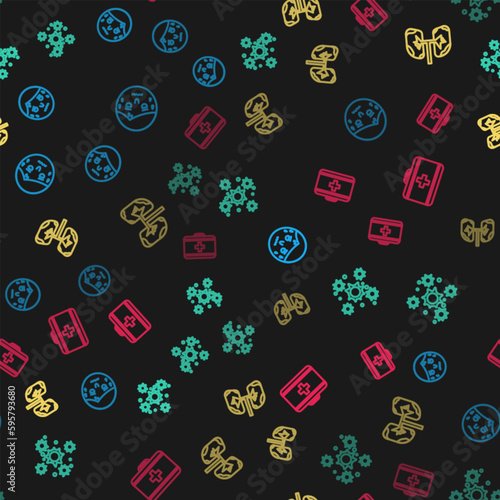 Set line Man with excessive sweating, Bacteria, Lungs and First aid kit on seamless pattern. Vector