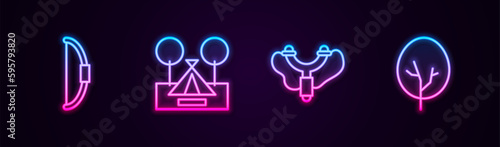 Set line Bow, Tourist tent, Slingshot and Tree. Glowing neon icon. Vector