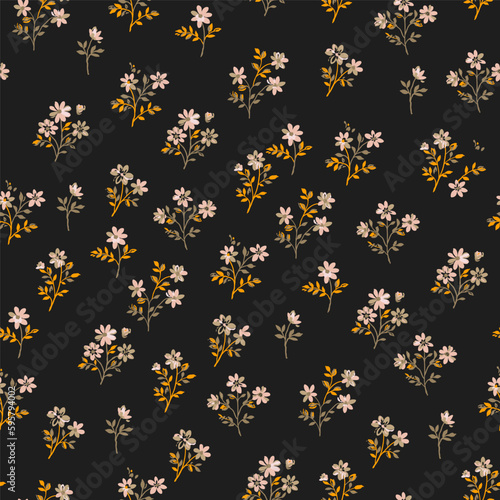 Floral pattern. Beautiful flowers on a black background. Print with small pink flowers with orange and beige stems and leaves. Seamless vector texture. Spring bouquet.