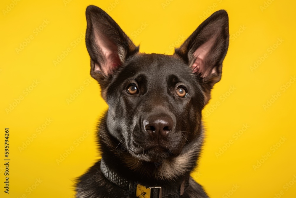 black and brown dog against a yellow background. Generative AI