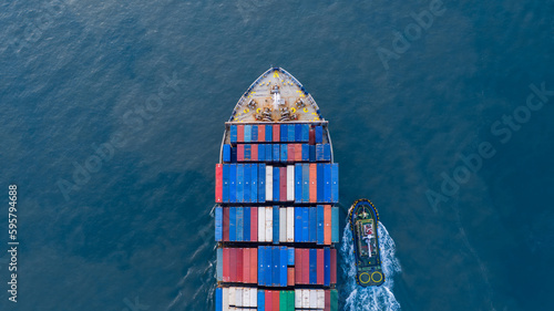 Aerial top view container ship cargo freight shipping, Global business import export logistic transportation of international by container cargo ship in the open sea, Cargo vessel freight shipping. © Darunrat