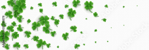 Clover shamrock 3d vector irish pattern. St Patrick day realistic green border for banner with leaf confetti. Isolated on transparent background. Four lucky grass leaves symbol for advertising