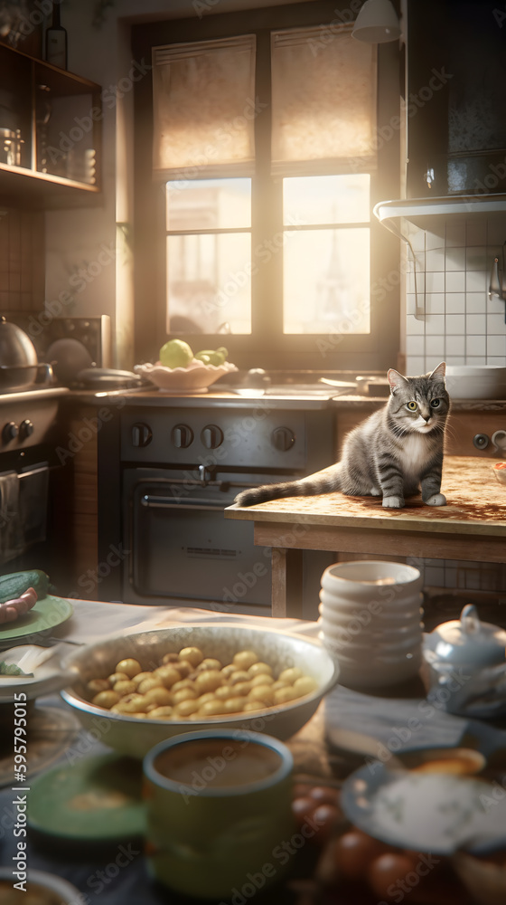 cute cat in the kitchen Generative AI