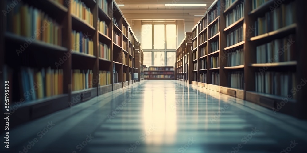 Blurred public library. Learning and education concept background. Defocused bookshelves with books - vintage tone. Generative AI
