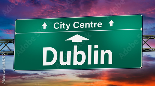 Photography Road sign indicating direction to the city of Dublin