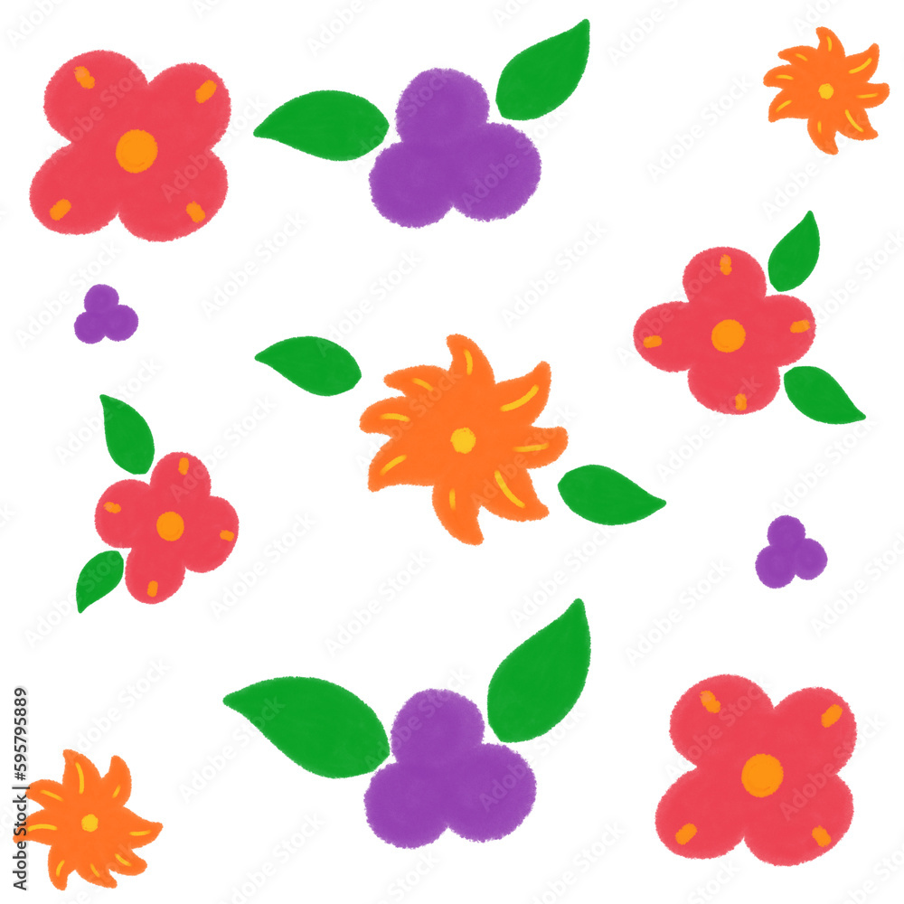 Flowers PNG, Pink and purple Watercolor flowers, Green leaf, Cute PNG, Pink and orange flowers.