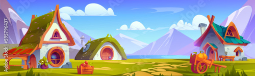 Sunny village scene with cute fantasy dwarf house cartoon illustration. Mountain ridge view in leprechaun village near river shore. Paved path to elves cottage with chimney summer game background.