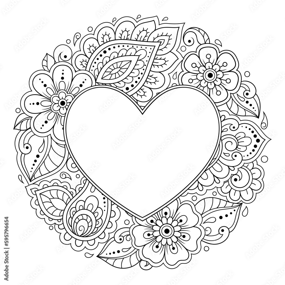 Decorative frame with floral pattern in forn of heart in mehndi style. Antistress coloring book page. Doodle ornament in black and white. Outline hand draw vector illustration. Decorative frame with floral pattern in forn of heart in mehndi style. Antistress coloring book page. Doodle ornament in black and white. Outline hand draw vector illustration.