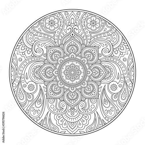Outline round flower pattern in mehndi style for coloring book page. Antistress for adults and children. Doodle ornament in black and white. Hand draw vector illustration.