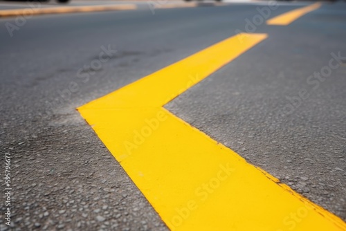 yellow arrow painted on a road surface to indicate a direction or turn. Generative AI © AkuAku