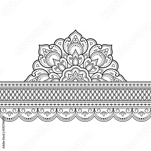 Seamless borders with mandala for design, application of henna, Mehndi and tattoo. Decorative pattern in ethnic oriental, Indian style. Doodle ornament. Outline hand draw vector illustration.
