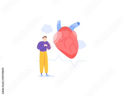 a man who feels chest pain. Symptoms of heart disease or heart attack. illustration of a heart in trouble. health problems. illustration concept design. vector elements