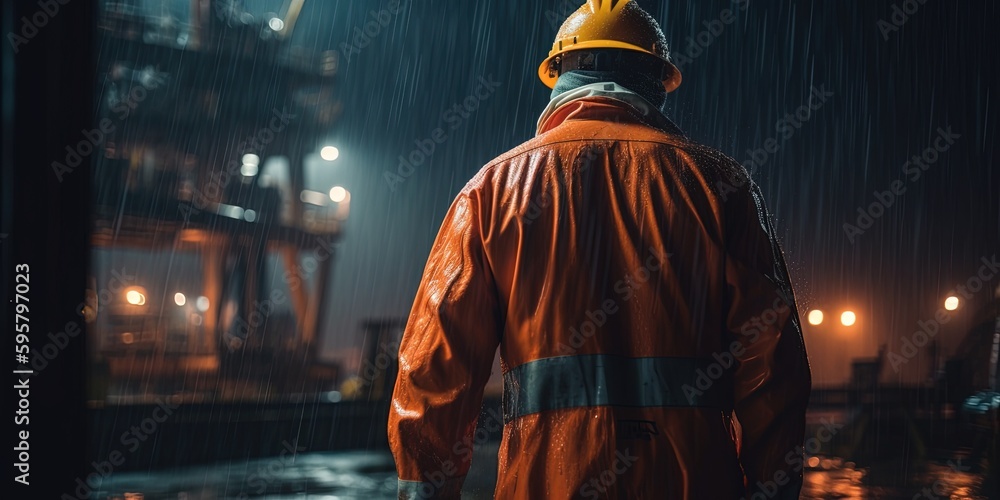Industrial worker in orange overall and helmet on an oil barge at night. View from the back, rain, stormy weather. Industrial worker of oil and gas process operation in oil drilling rig. Generative AI Industrial worker in orange overall and helmet on an oil barge at night. View from the back, rain, stormy weather. Industrial worker of oil and gas process operation in oil drilling rig. Generative AI