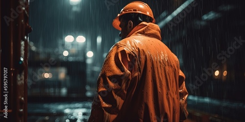 Industrial worker in orange overall and helmet on an oil barge at night. View from the back, rain, stormy weather. Industrial worker of oil and gas process operation in oil drilling rig. Generative AI