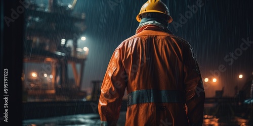 Wallpaper Mural Industrial worker in orange overall and helmet on an oil barge at night. View from the back, rain, stormy weather. Industrial worker of oil and gas process operation in oil drilling rig. Generative AI Torontodigital.ca