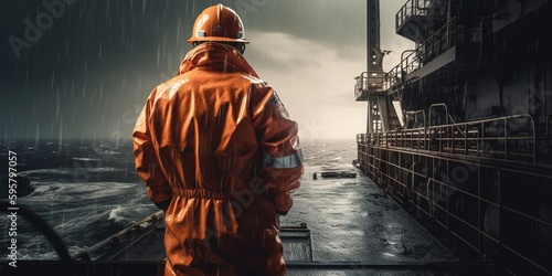 Industrial worker from behind in orange overall. Worker at a offshore oil rig. Oil rig in background, night, stormy weather, beautiful lighting. Generative AI