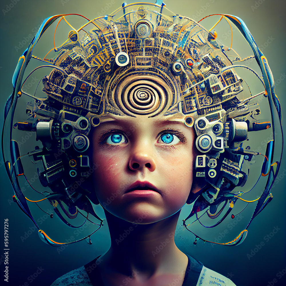 Mind control, brain of a child connected to technology, manipulation