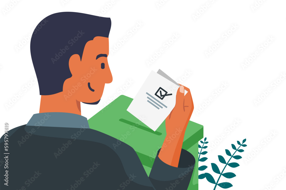 Smiling Man Putting Vote Paper into Election Box for General Regional or Presidential Election in Africa Flat Illustration Smiling Man Putting Vote Paper into Election Box for General Regional or Presidential Election in Africa Flat Illustration