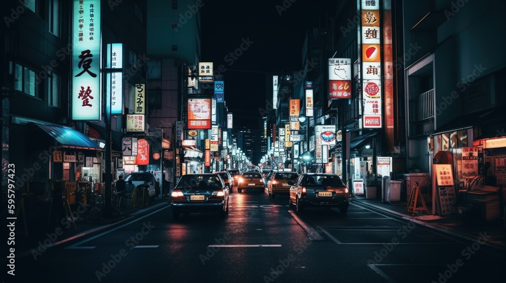 Fototapeta premium Tokyo Japan night city neon lights glowing streets. Generative AI. 
