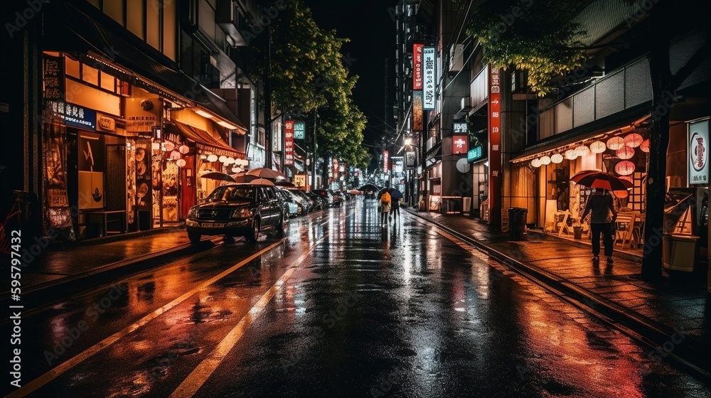 Tokyo Japan night city neon lights glowing streets. Generative AI. 
