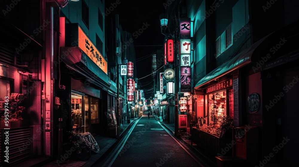 Tokyo Japan night city neon lights glowing streets. Generative AI. 