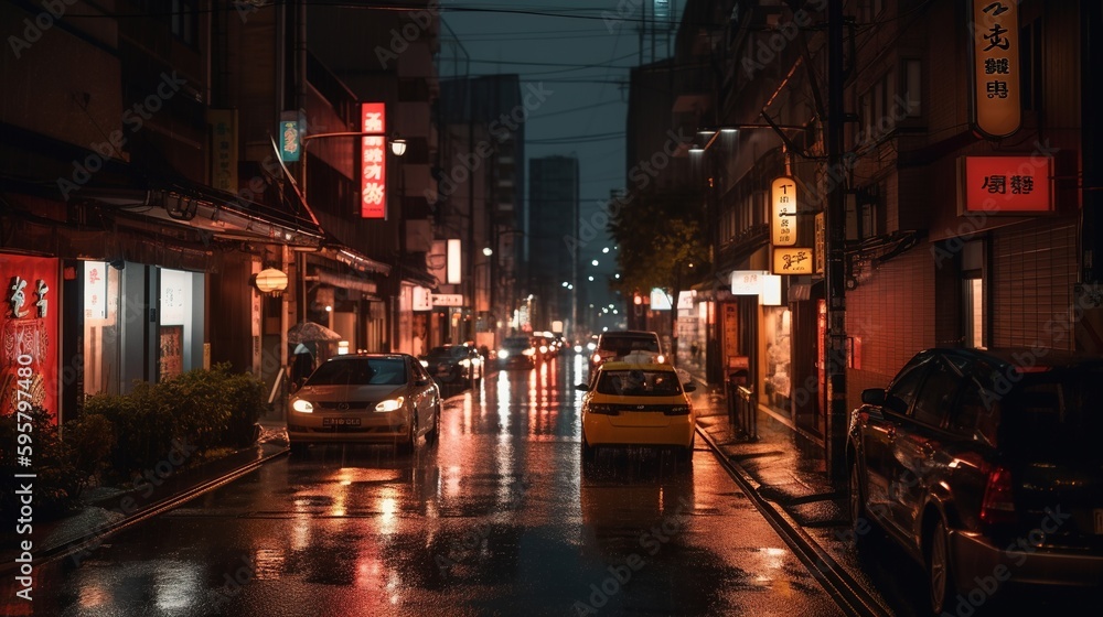 Tokyo Japan night city neon lights glowing streets. Generative AI. 