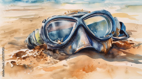 Generative AI, watercolor illustration of a diving mask lies on the sand by the sea, beach, shore, ocean, diving, snorkeling, vacation, outdoor activities, space for text