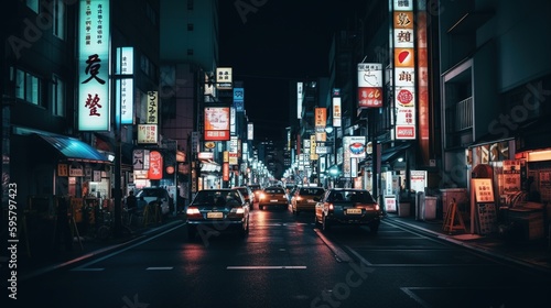 Tokyo Japan night city neon lights glowing streets. Generative AI.  © Marabu Design