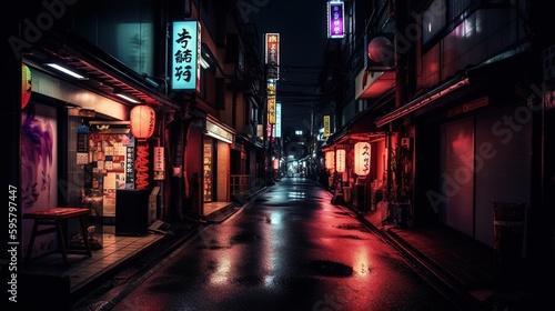 Tokyo Japan night city neon lights glowing streets. Generative AI.  © Marabu Design
