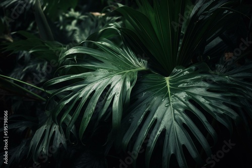 Tropical foliage with long  slender  green leaves resembling palms. Generative AI