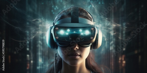VR headset, metaverse, futuristic virtual world, technology. Young woman testing VR glasses. Woman wearing a VR headset and interacting with virtual reality and metaverse concept. Generative AI
