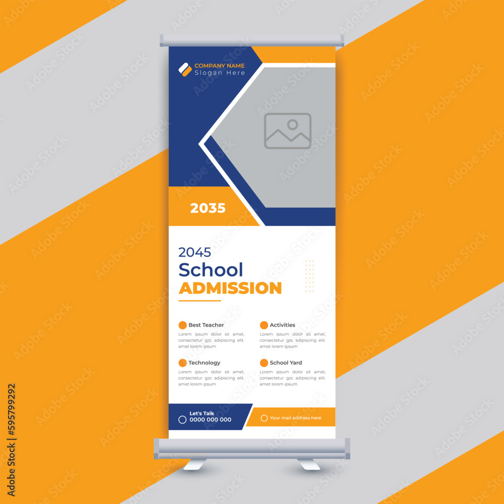 Kids back to school admission roll up banner design template