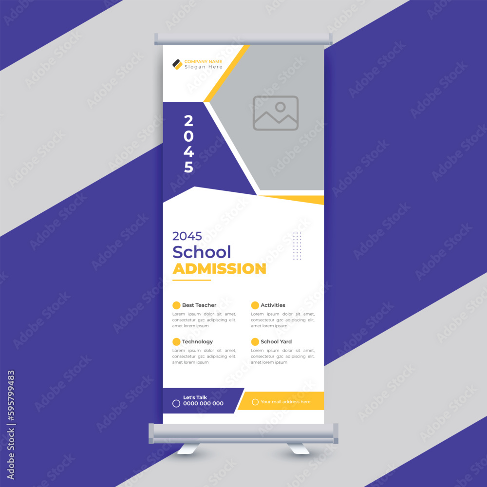 Modern and creative school admission roll up banner design for school, college, university, and coaching center template