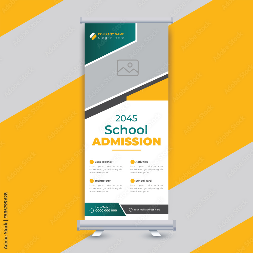 Modern back to school admission roll up banner template or admission banner design for school, college, university, and coaching center