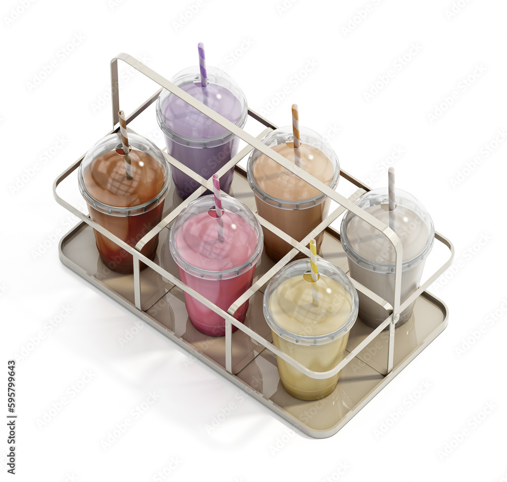Milkshake disposable cups on tray. 3D illustration Milkshake disposable cups on tray. 3D illustration