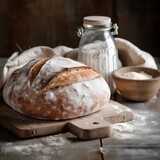 Freshly baked rustic bread on the table close-up