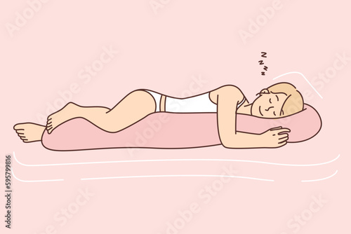 Woman sleeps with smile hugging body pillow enjoying rest after and restoring strength of hard day
