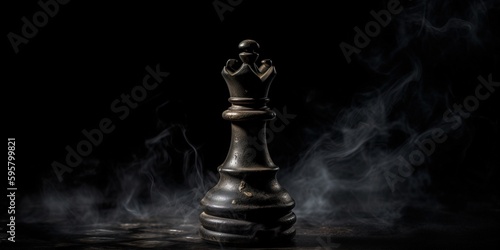 Queen in the center of the chessboard. Epic chess game illustration. Leadership, teamwork, partnership, business strategy concept. Chess figures on a dark background. Generative AI