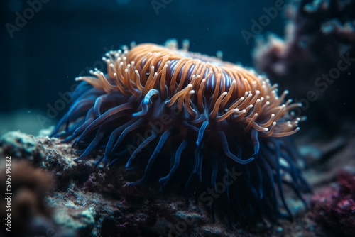 A striped sea anemone swims in blue water surrounded by corals. Generative AI