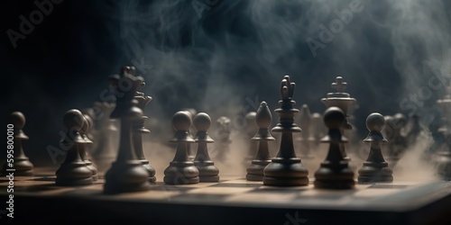 Chess figures on a dark background with smoke and fog. Epic chess game illustration. Chess pieces on a chessboard, blurred background. Concept of business ideas, competition, strategy. Generative AI